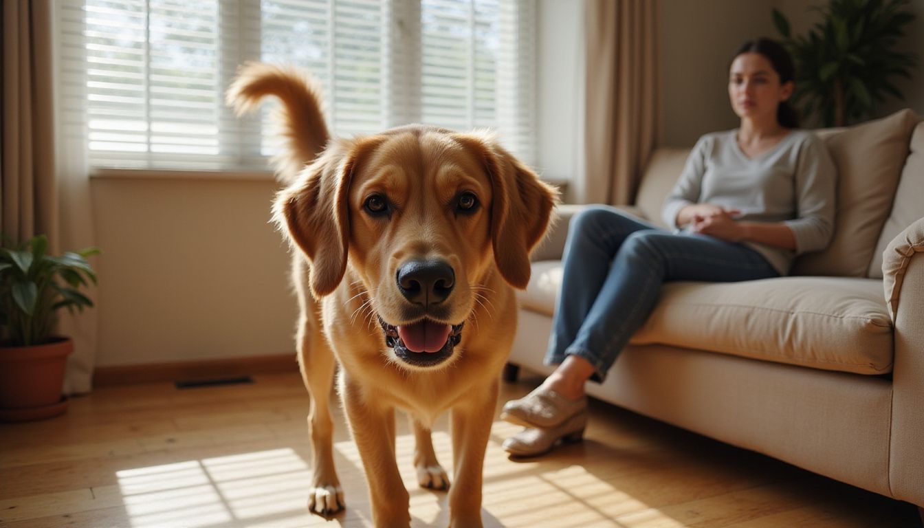 A golden retriever stands alert in a contemporary living room.