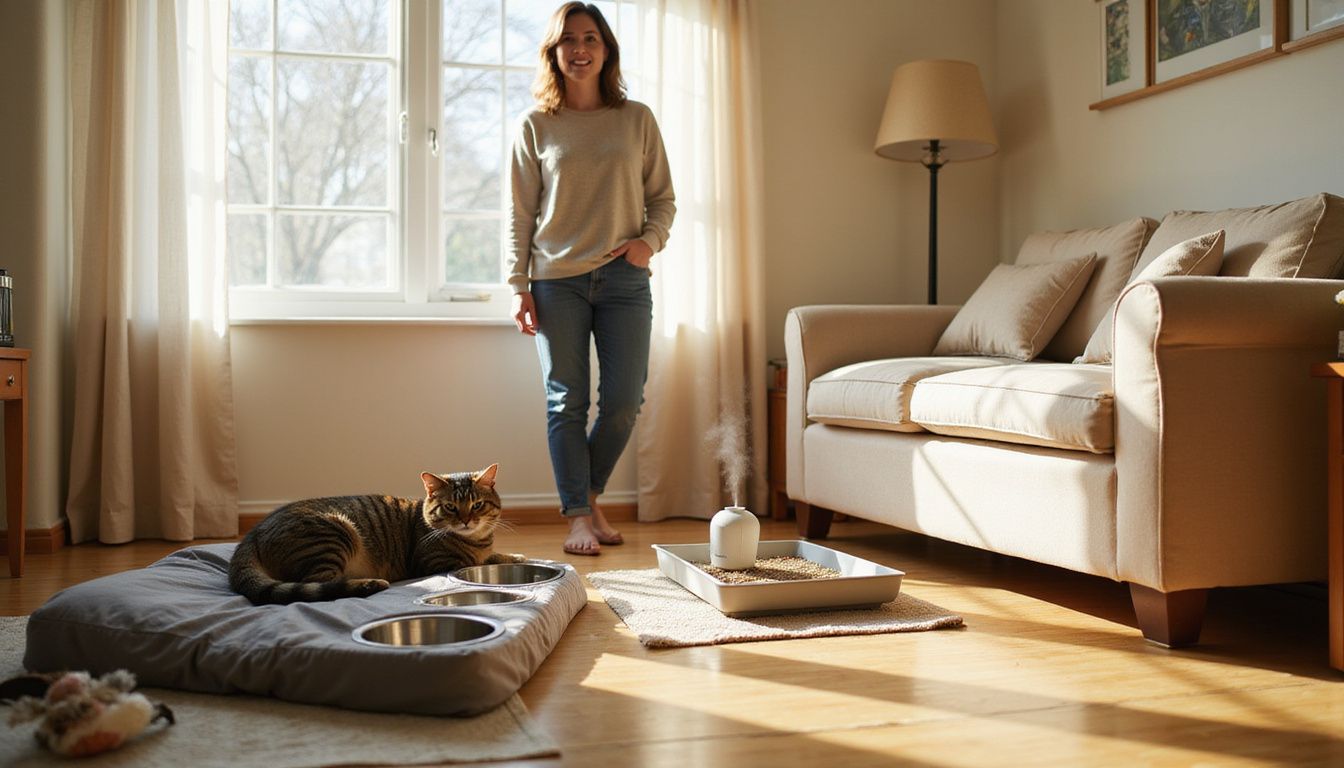 A woman watches her curled tabby cat in a cozy, lived-in living room filled with pet items and warmth.