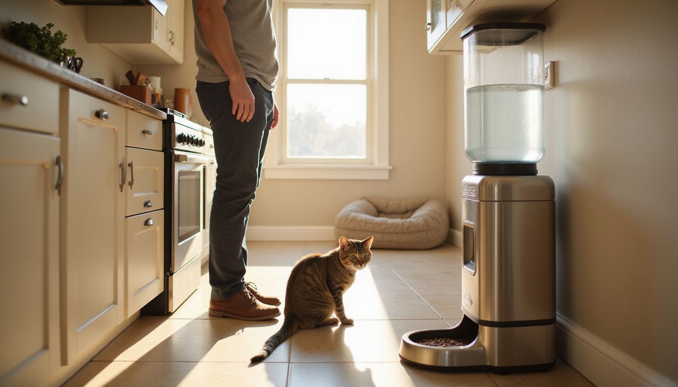 A middle-aged man enjoys a peaceful moment in his kitchen as his tabby cat approaches the feeding station.