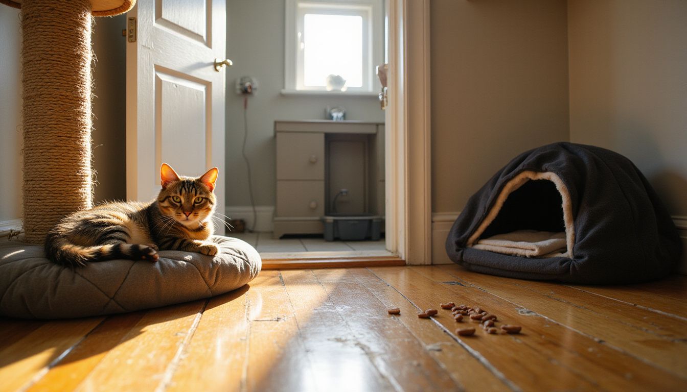 A relaxed tabby cat lounges on a cushion beside a scratching post and interactive toy in a cozy home setting.