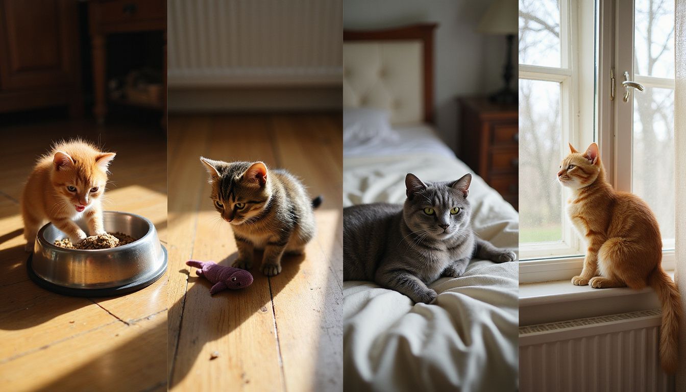 The image illustrates the life stages of cats, from a kitten to a senior, showcasing their development and independence.
