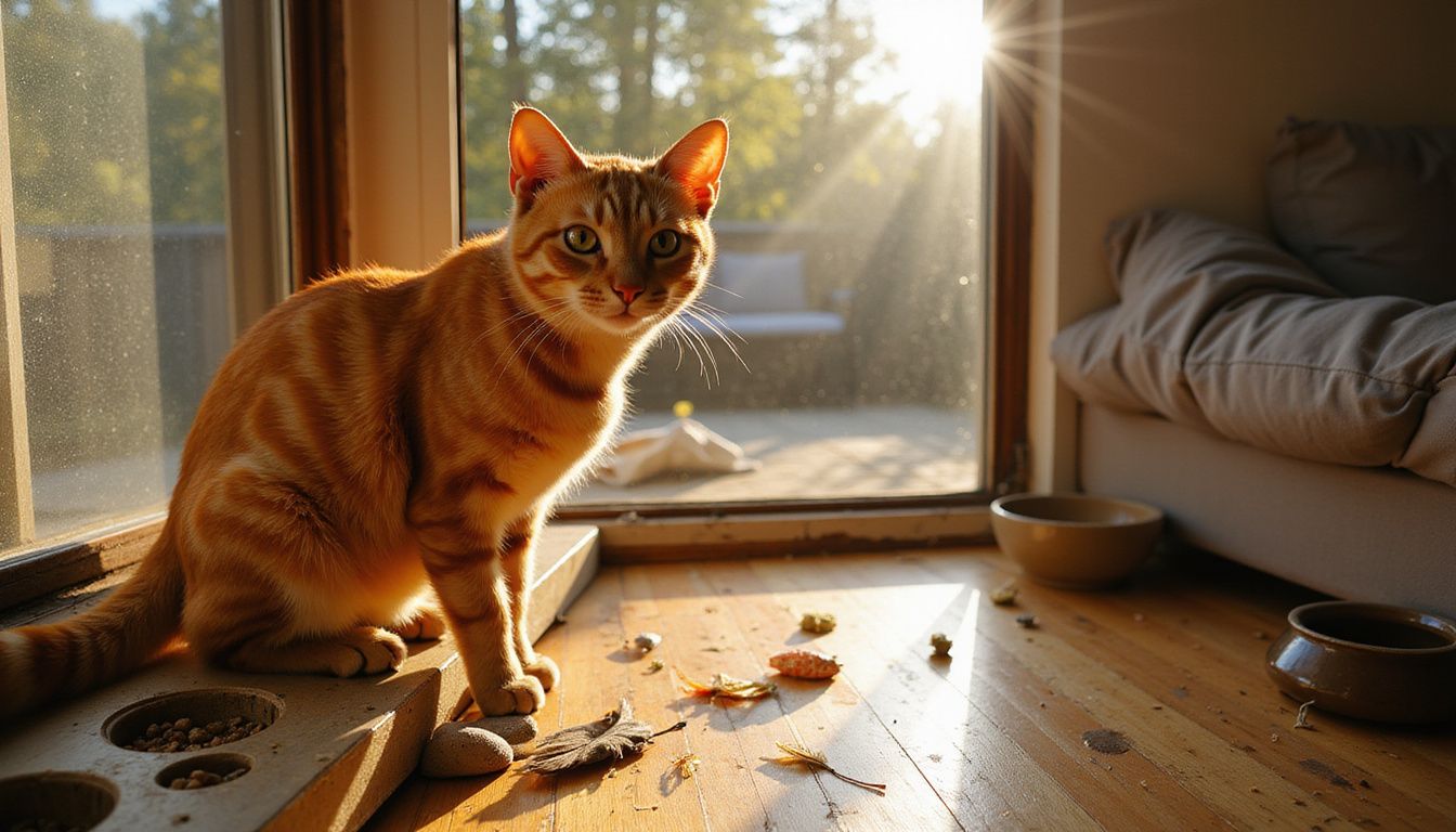 An alert orange tabby cat sits on a windowsill surrounded by enrichment toys, observing its living room environment.