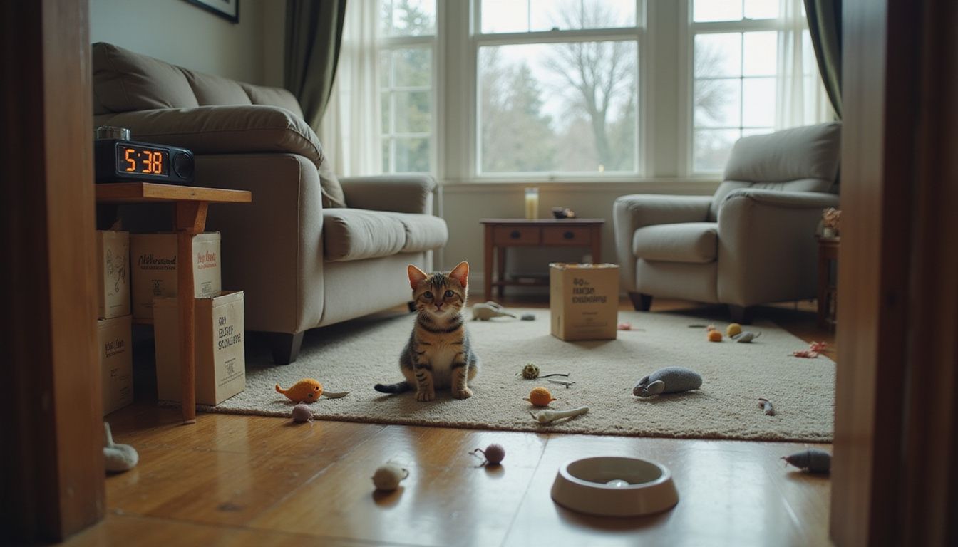 A concerned woman stands in a doorway, watching a small tabby kitten play in a cozy, cluttered living room.
