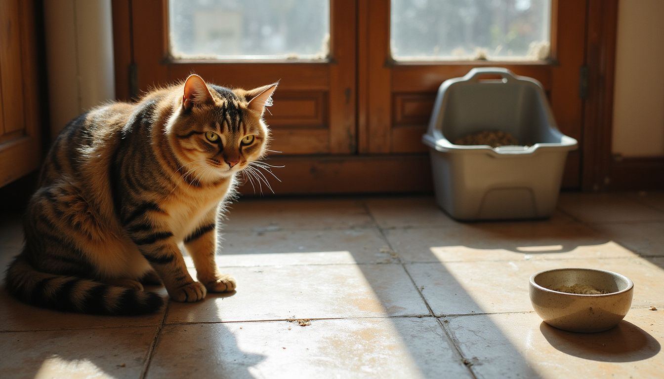 An elderly, frail tabby cat rests in a neglected kitchen corner, exhibiting signs of advanced age and exhaustion.