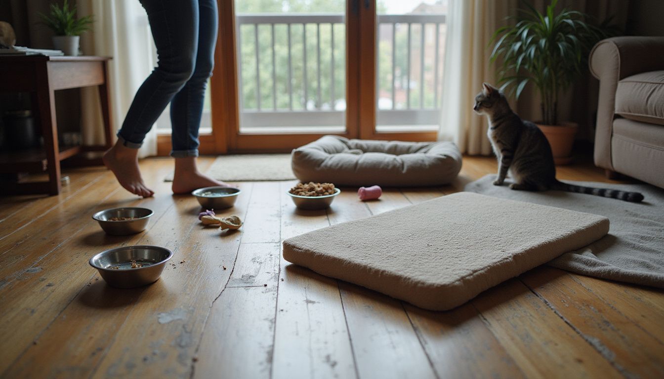 A woman thoughtfully arranges her living room for her cat, ensuring a comfortable and engaging environment.