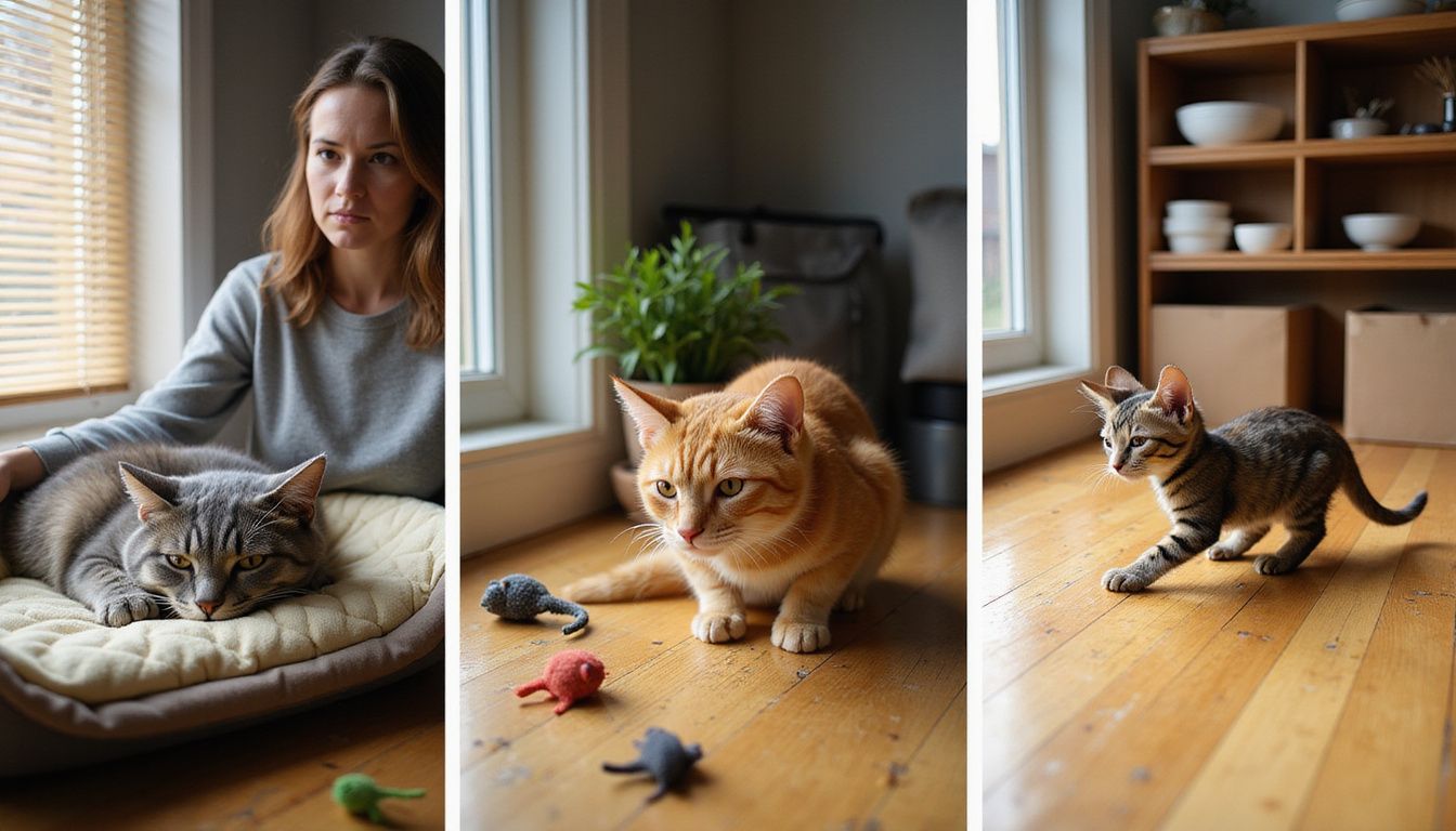 A woman observes three cats&mdash;an elderly tabby, an alert orange tabby, and an energetic kitten&mdash;in different home settings.