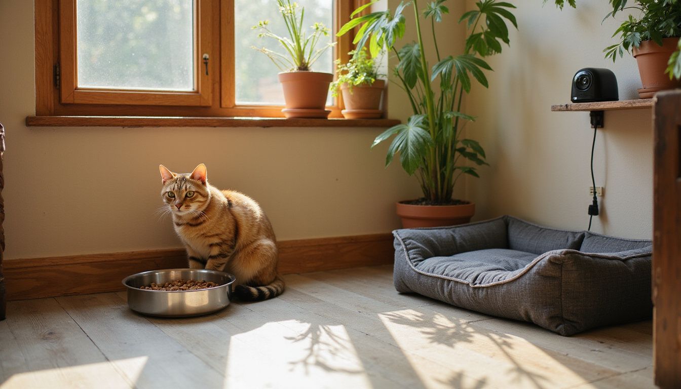 A relaxed tabby cat sits beside a pet feeder and water fountain in a cozy living room.