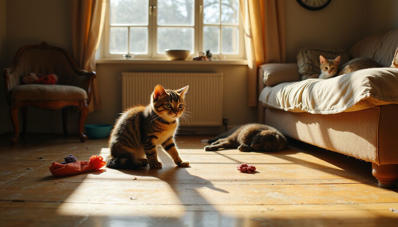 A sunlit living room features three cats at different ages, showcasing their interactions and the home's lived-in character.