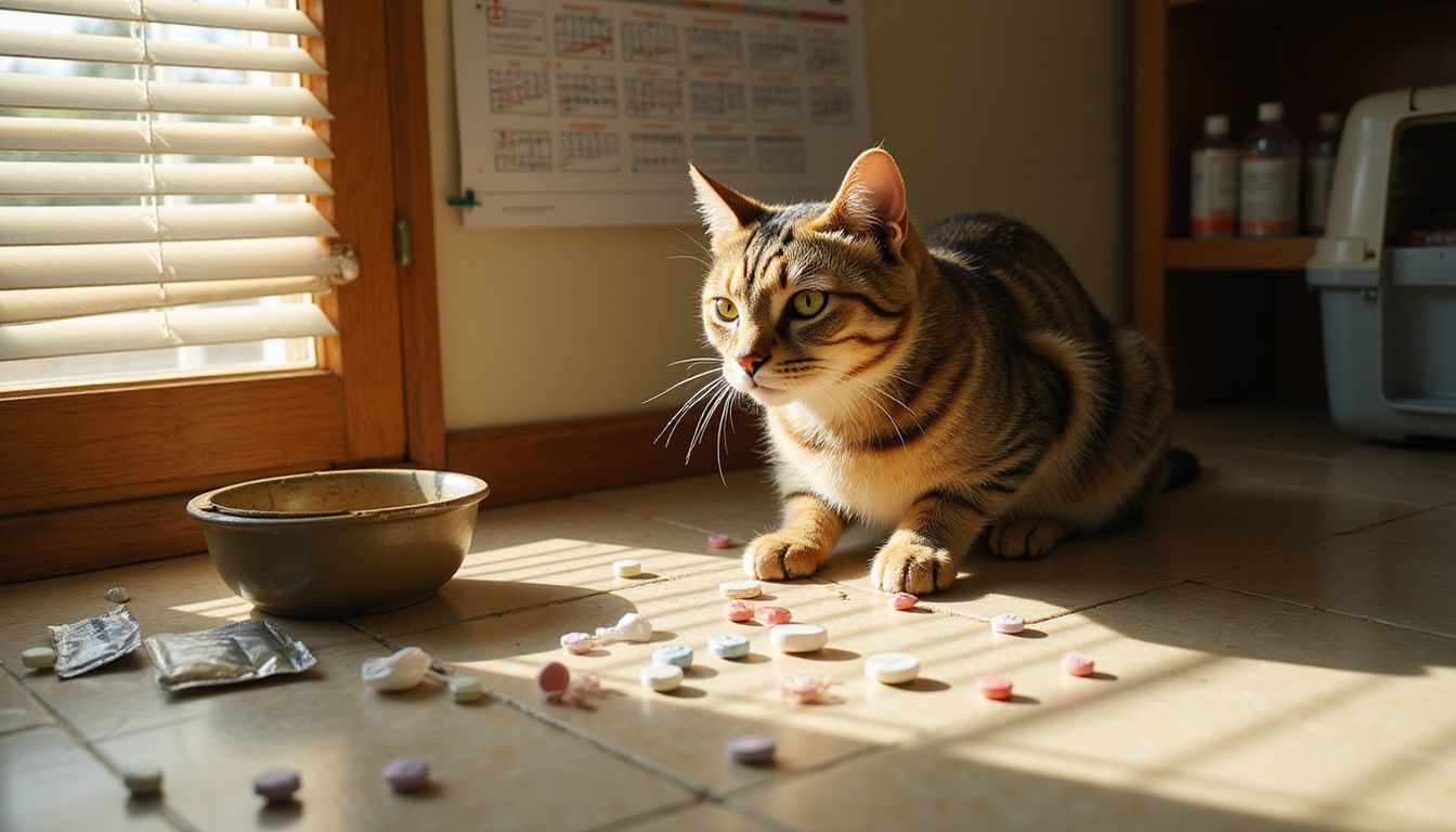 A senior tabby cat displays signs of anxiety in a kitchen, next to an empty water bowl and scattered medication.