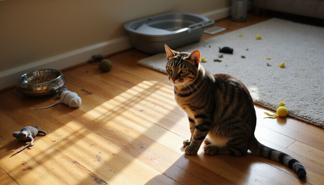 A tabby cat sits alert on weathered hardwood flooring, surrounded by scattered toys and a litter box.