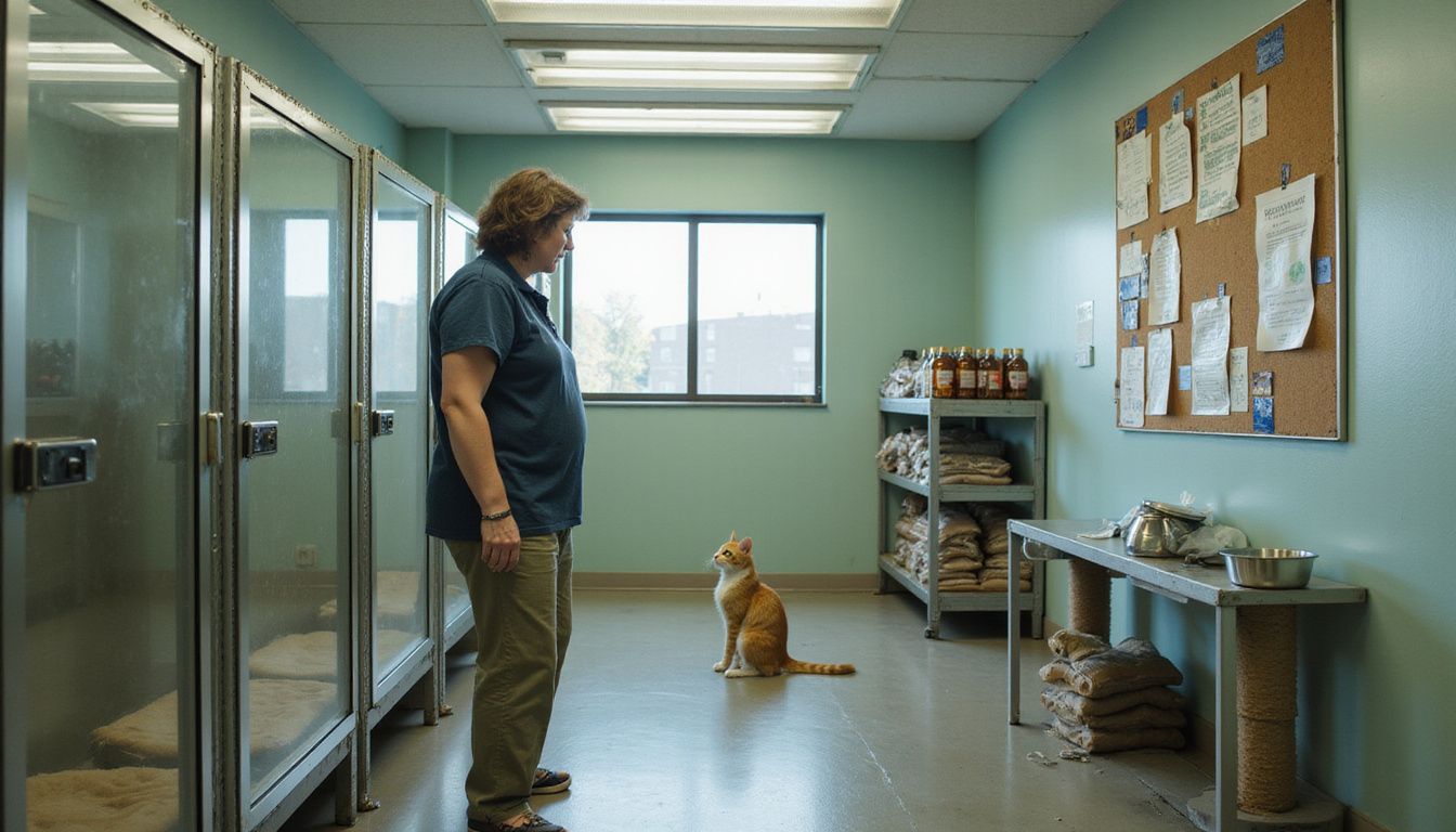 A woman observes an orange tabby cat in a professional cat boarding facility filled with various supplies and enclosures.