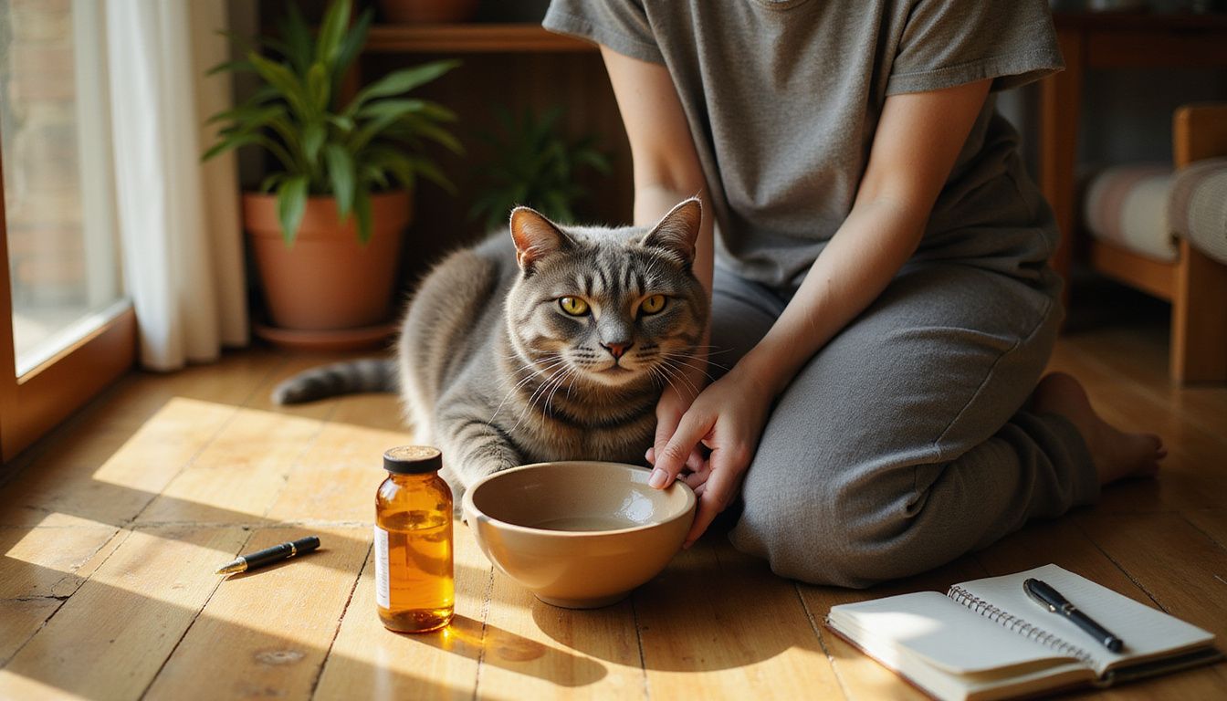 A middle-aged woman kneels beside her calm senior cat, providing water and medication with a caring expression.