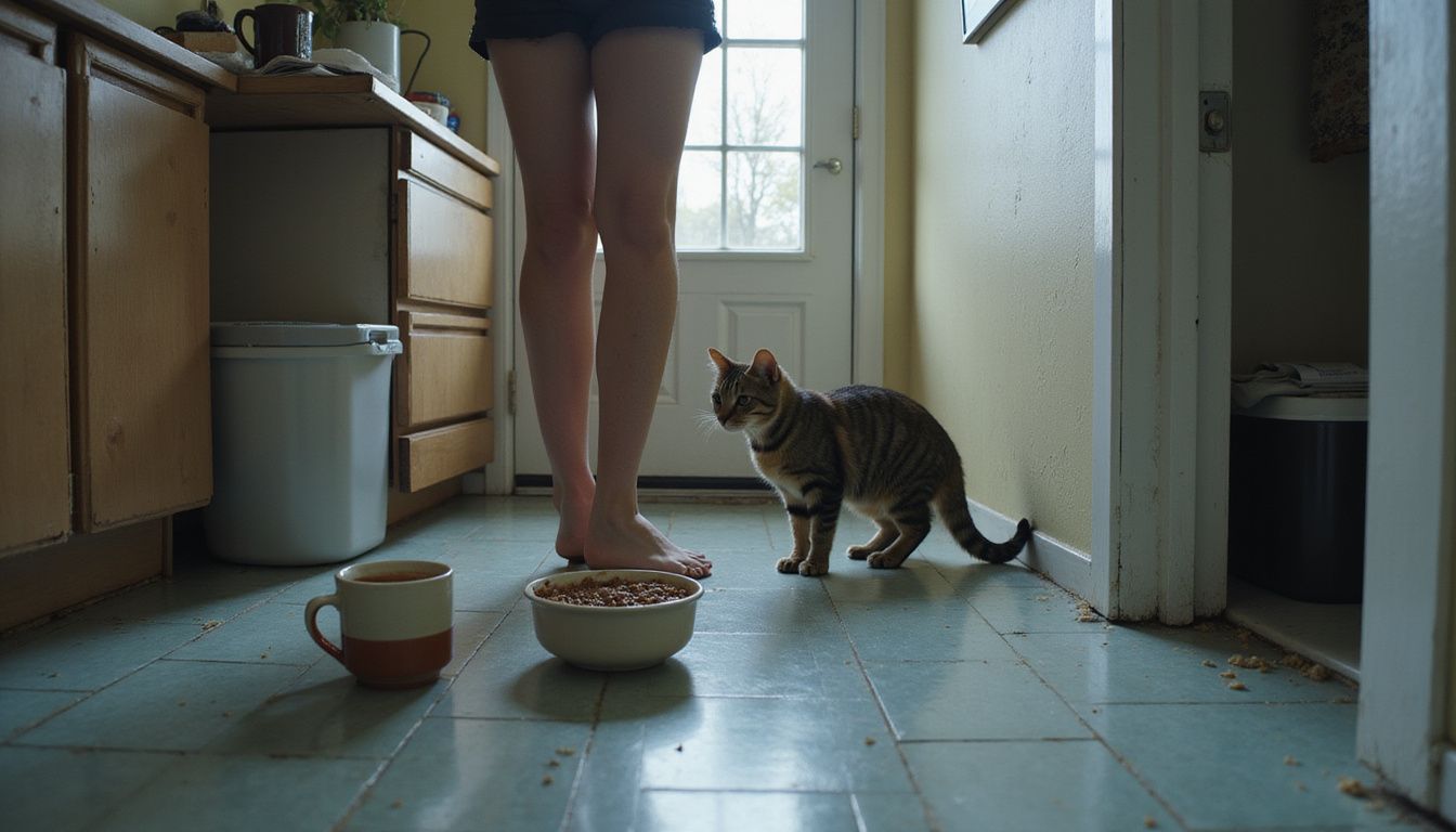 A person in casual attire carefully places cat food and water for an attentive tabby or calico cat in a cozy kitchen.