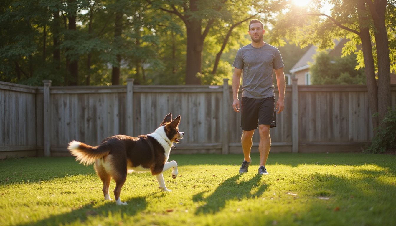 A middle-aged person joyfully watches their Border Collie leap for a frisbee in a spacious backyard.