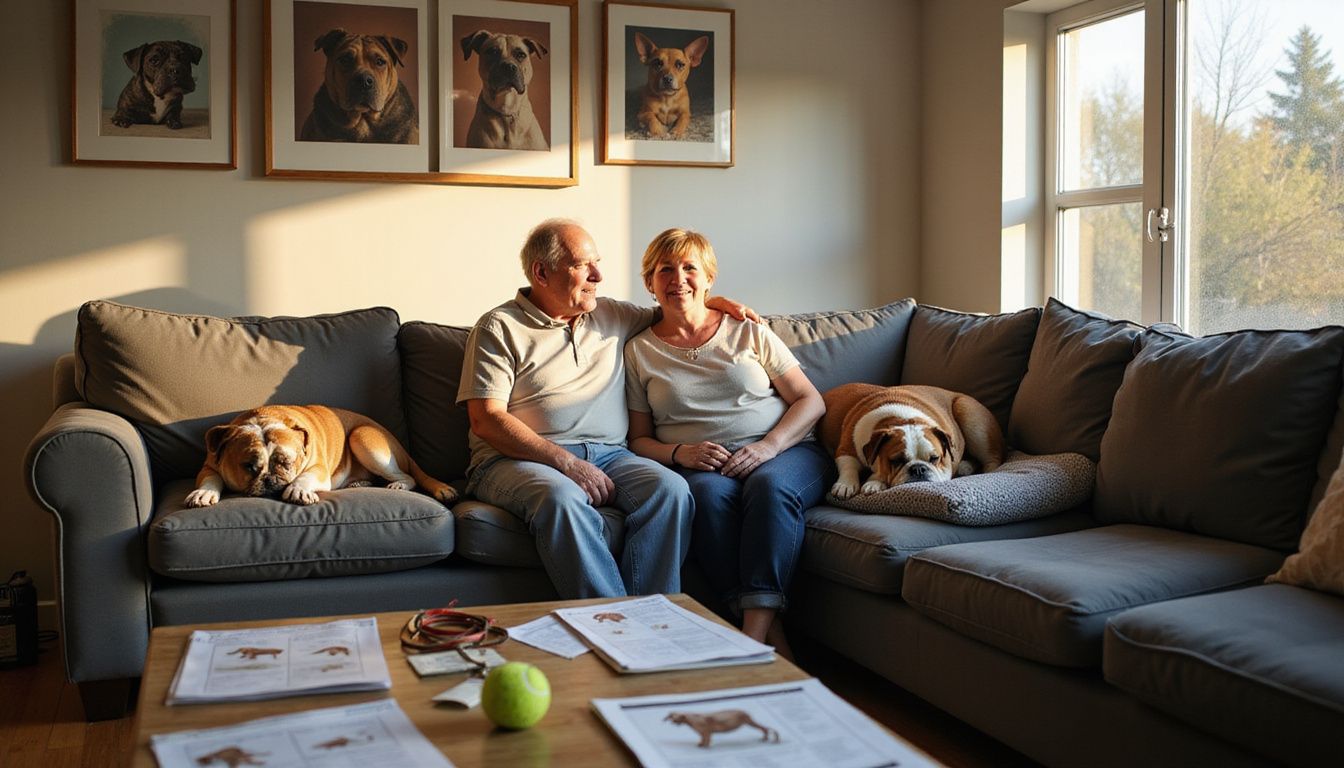A relaxed middle-aged couple sits on a worn sofa surrounded by dog-related items, showcasing a cozy, lived-in atmosphere.