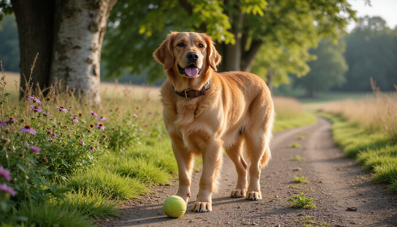 A Golden Retriever stands alert on a dirt path, surrounded by trees and wildflowers, with a tennis ball nearby.