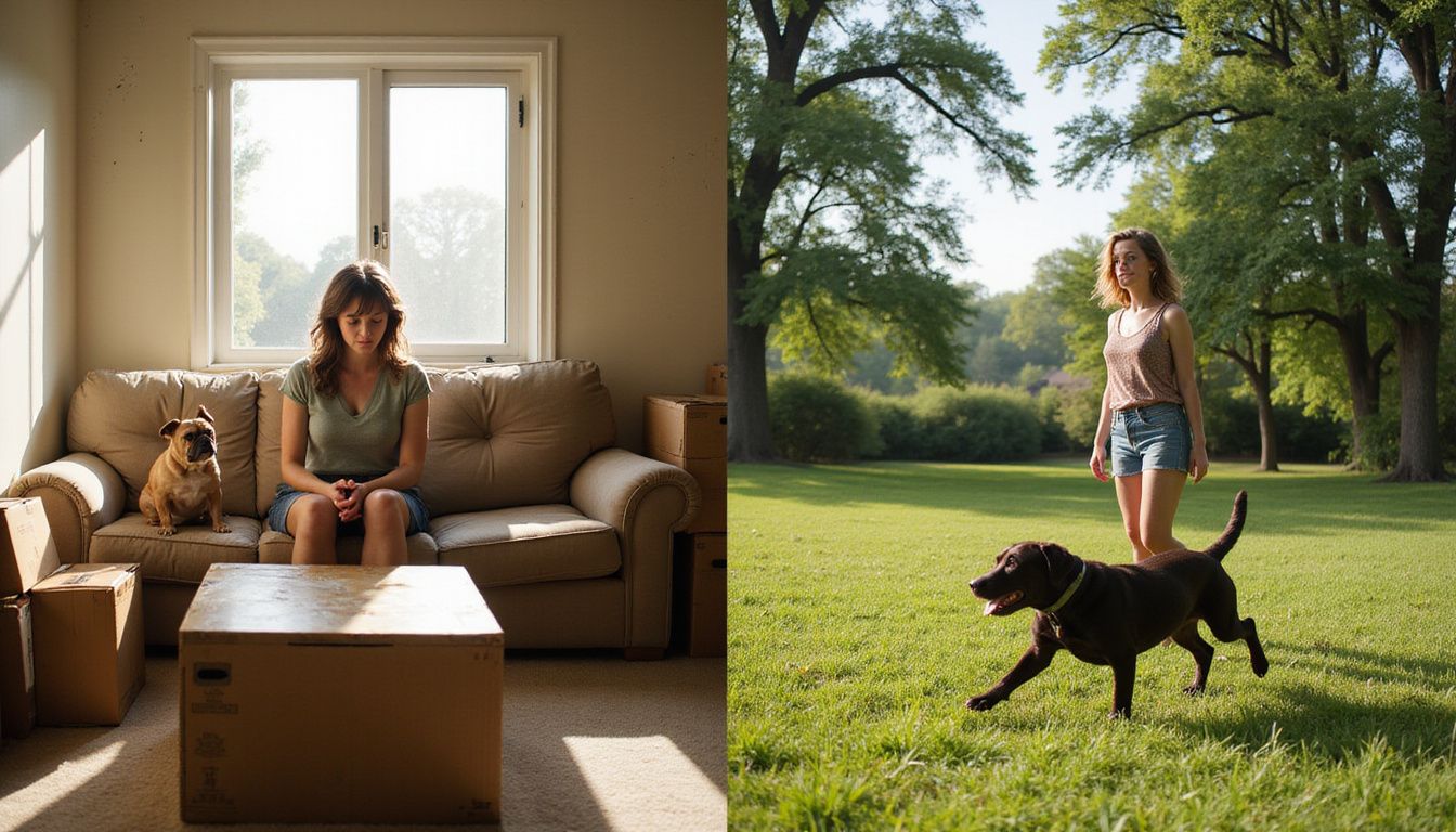 The image contrasts a cramped indoor environment with a joyful, spacious outdoor setting for a woman and her dogs.