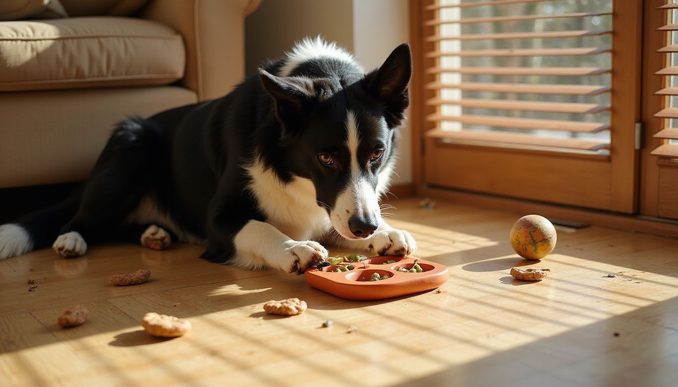 A focused Border Collie entertains itself with a rubber puzzle toy on a spacious hardwood floor.