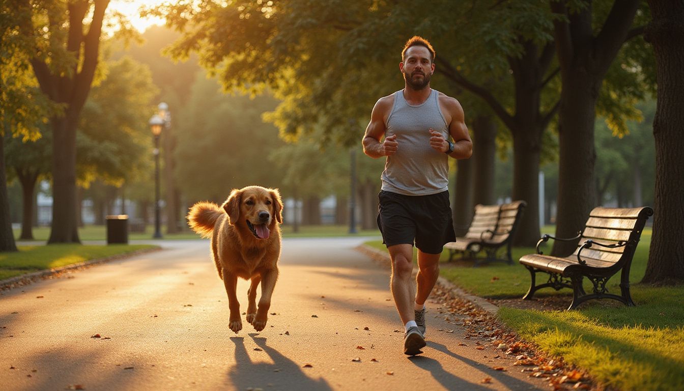 A middle-aged man jogs alongside a golden retriever on a tree-lined park path, both in motion and focused.