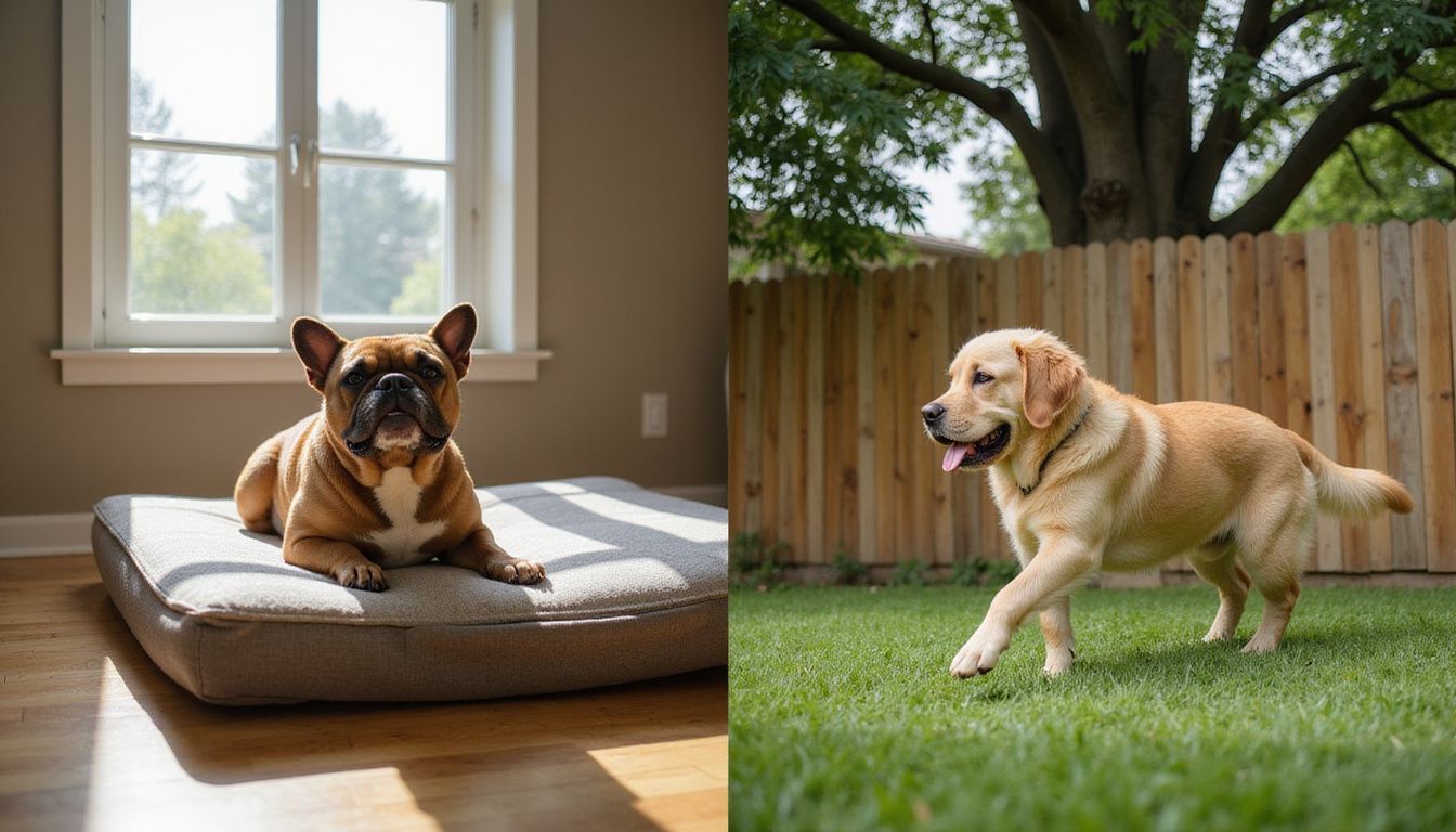 A relaxed French Bulldog on a bed contrasts with an energetic Golden Retriever running on a lush lawn.
