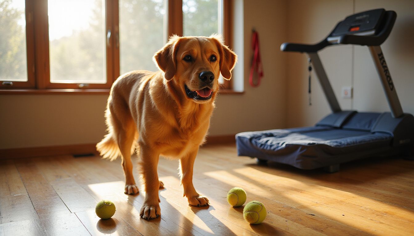 A golden retriever stands eagerly in a sunlit living room, surrounded by tennis balls and a dog bed.