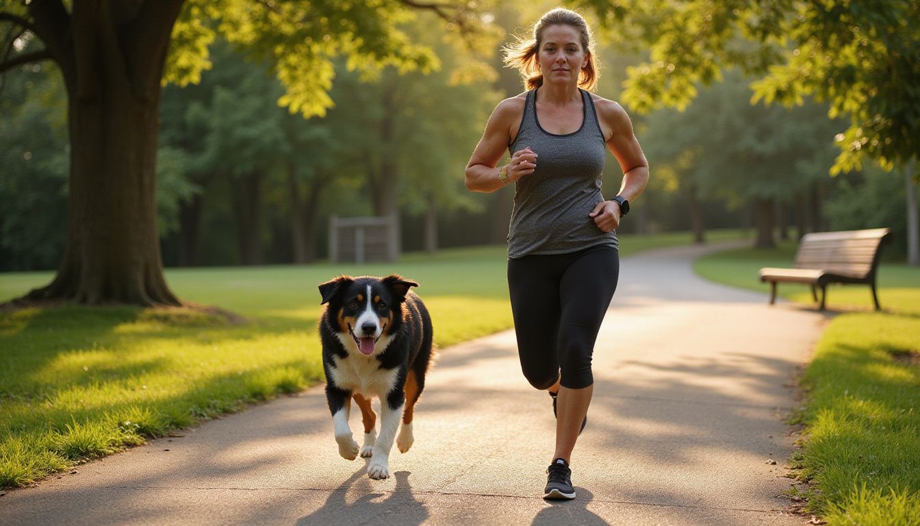 A middle-aged woman jogs alongside her Border Collie, embodying athleticism and concentration in a park setting.