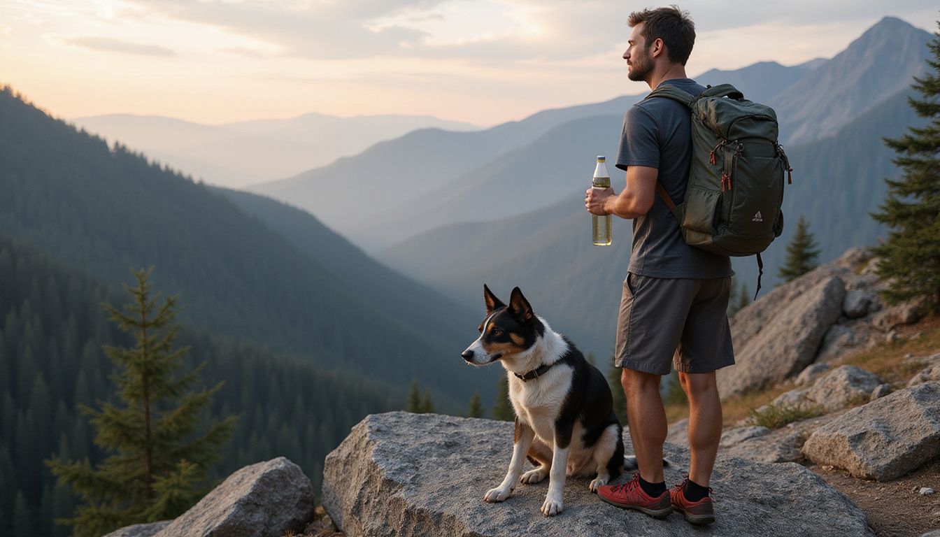 A tired man and his Border Collie stand on a rocky ridge, embodying the reality of endurance hiking.