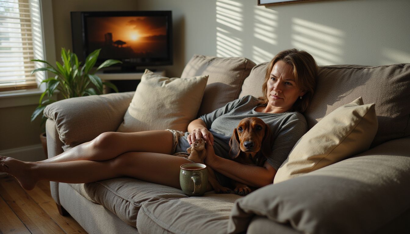 A serene middle-aged woman relaxes on a sofa with a content Basset Hound resting against her thigh.