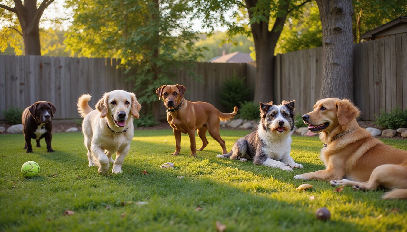 A joyful scene of six playful dogs enjoying a suburban backyard on a clear day.