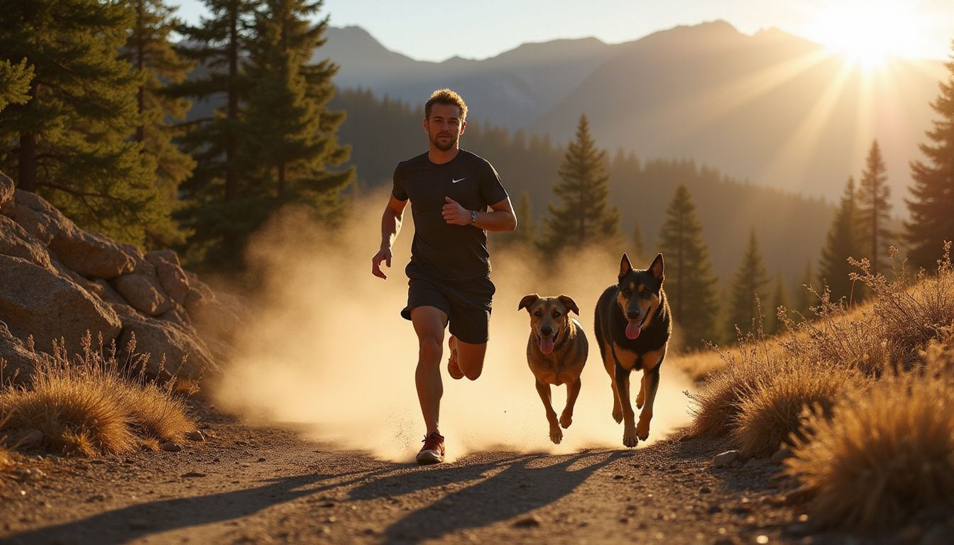 A determined man sprints down a rocky mountain trail alongside two energetic dogs, showcasing athletic intensity and perseverance.