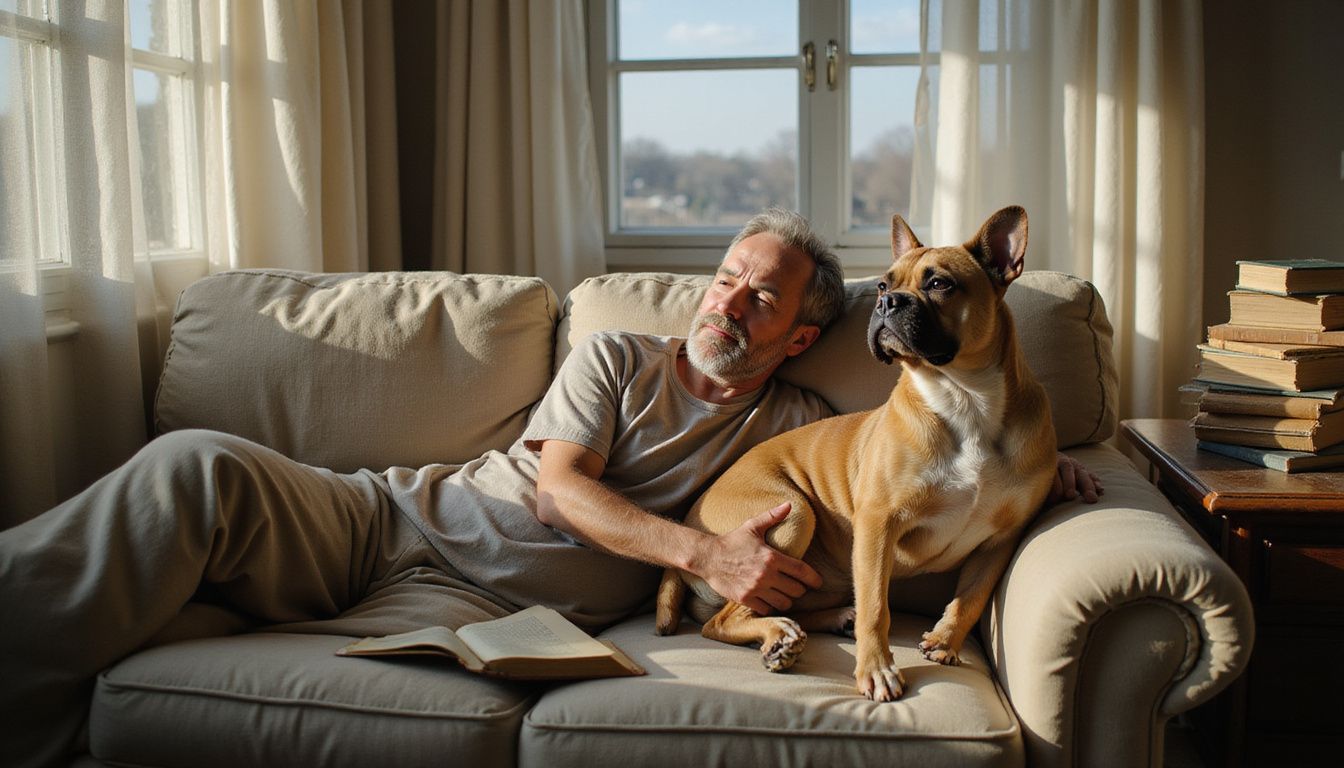 A relaxed middle-aged man reclines on a worn couch with a fawn-colored French Bulldog beside him.