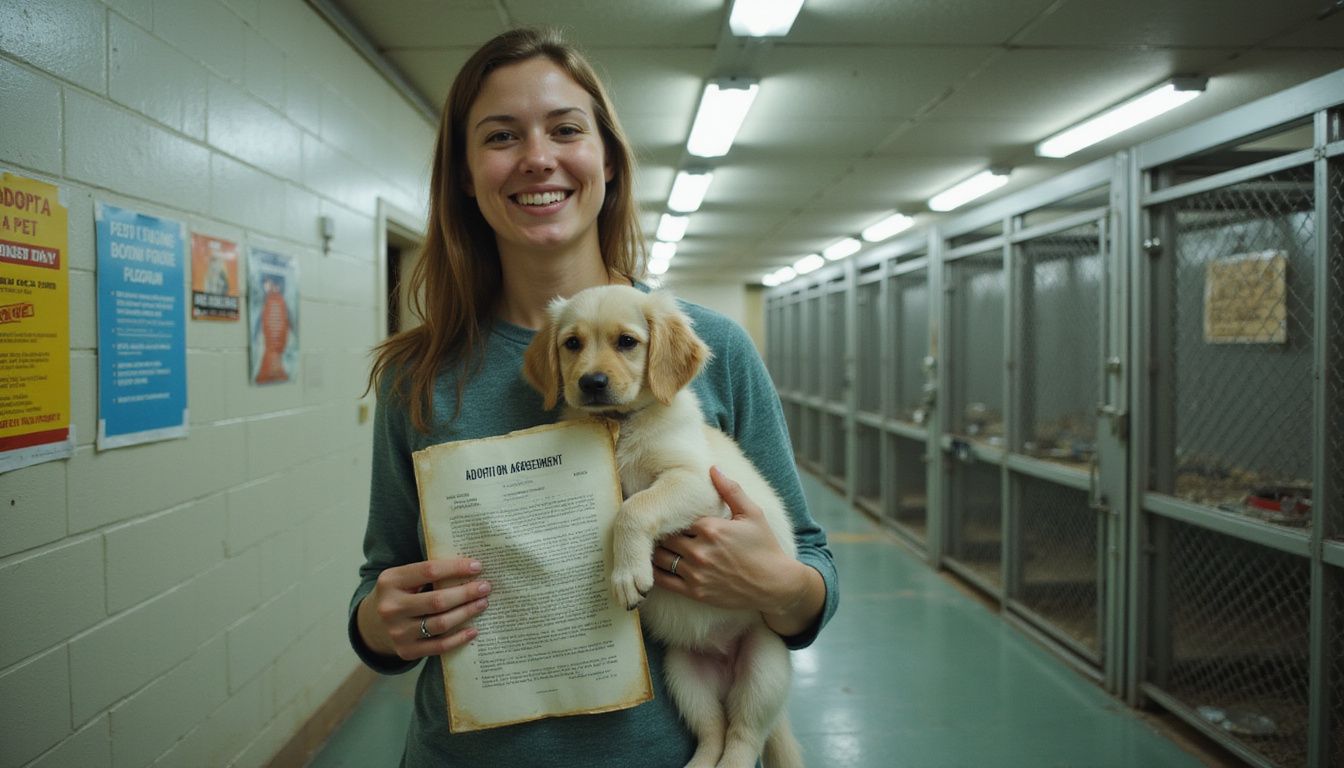 A woman joyfully cradles a golden retriever puppy in a municipal animal shelter, holding an adoption agreement.
