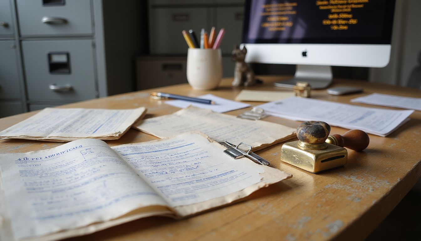 A cluttered oak desk features pet adoption paperwork, a brass stamp, and a figurine, reflecting a busy administrative workspace.