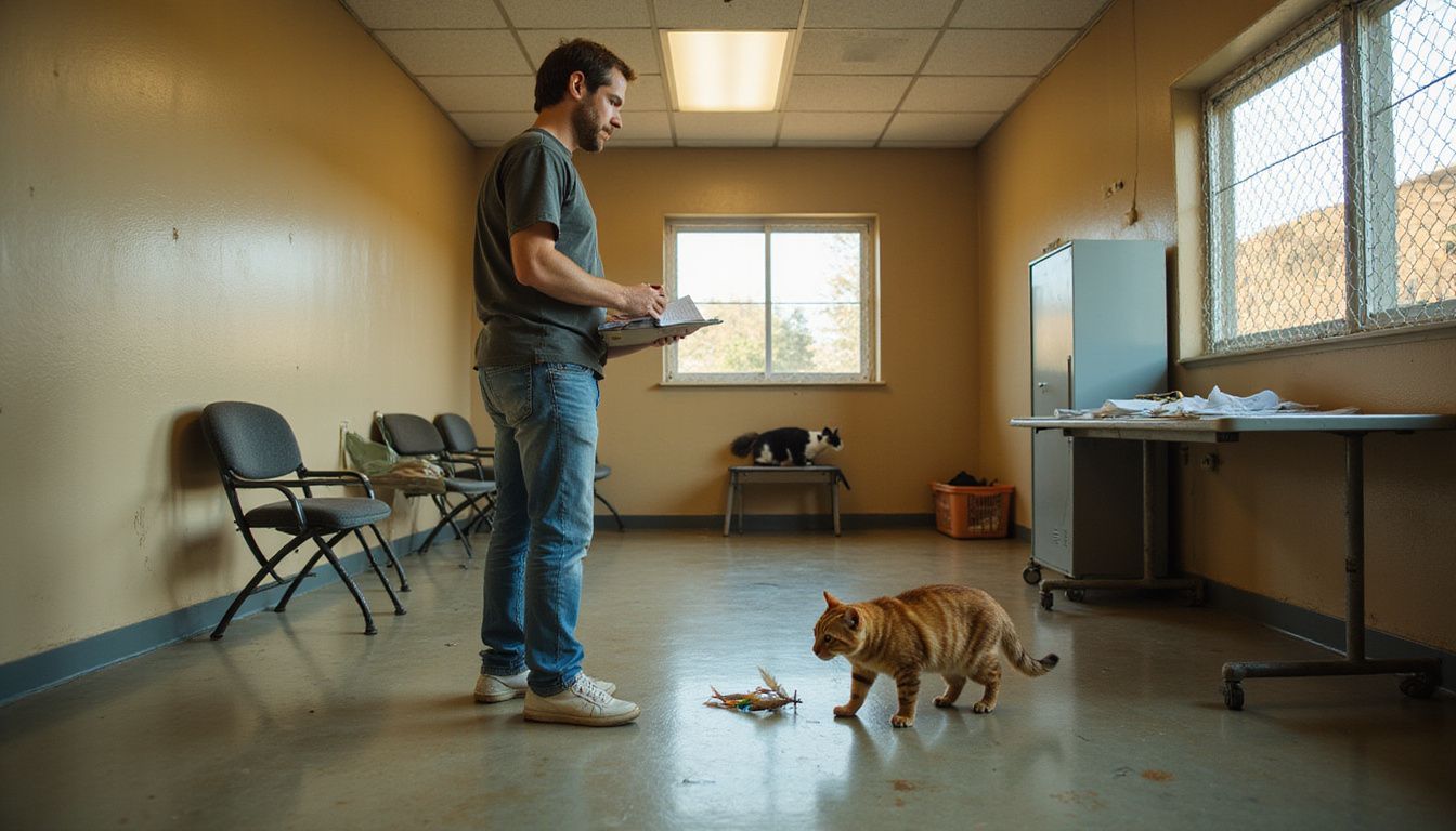 A shelter staff member observes a cautious tabby cat approaching a feather toy in an assessment room.