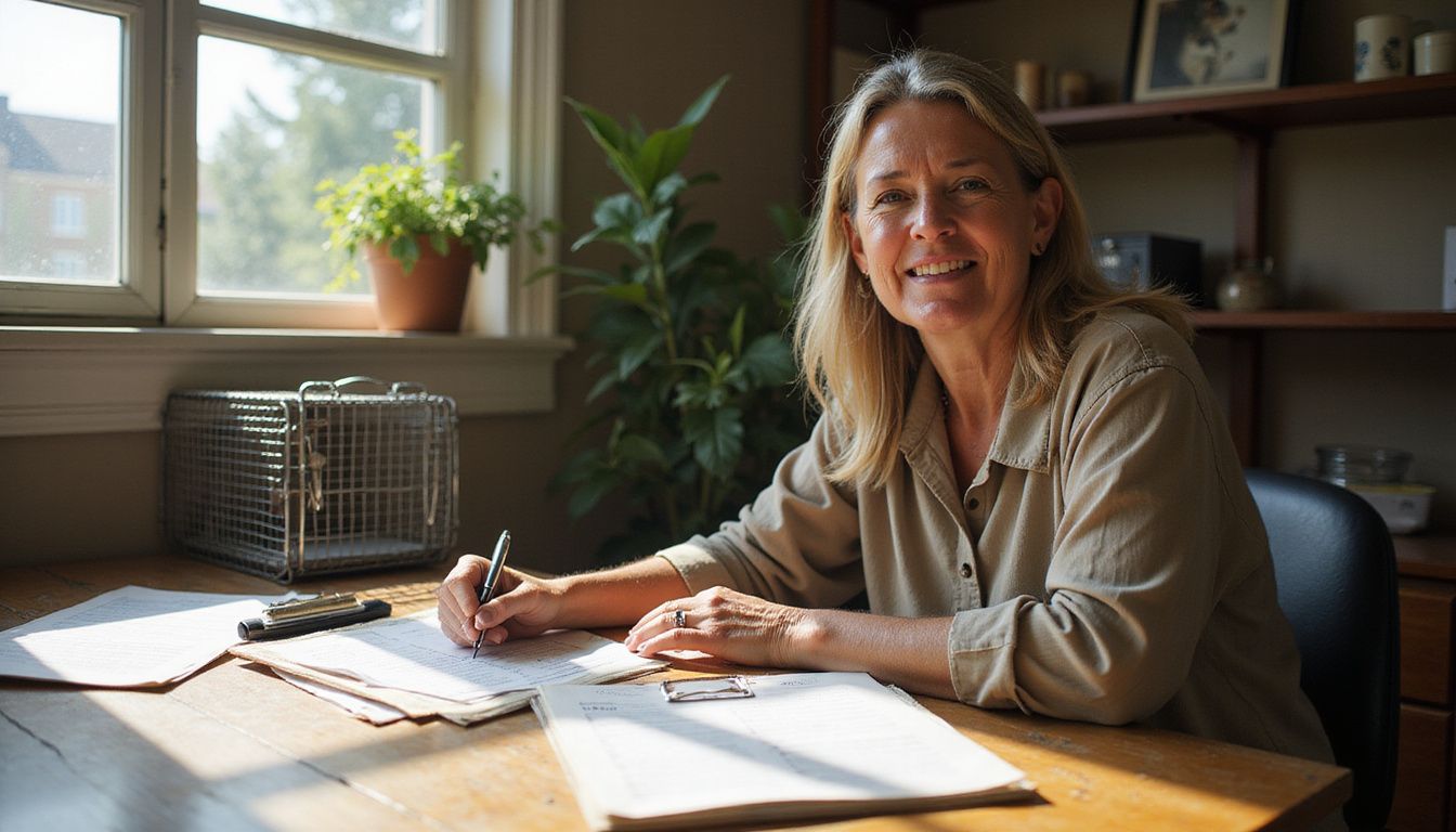 A middle-aged woman expresses quiet satisfaction while seated at a wooden table with adoption paperwork in a shelter office.
