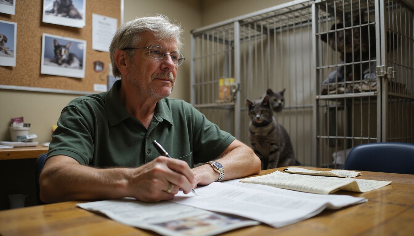 A focused middle-aged person fills out an adoption intake form at a cluttered animal shelter table, with a cat nearby.