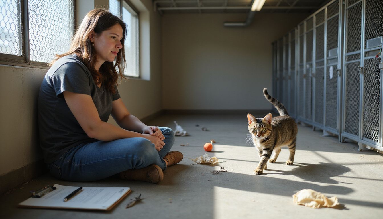 A staff member attentively observes a cautious tabby cat playing with a feather toy in a shelter assessment room.
