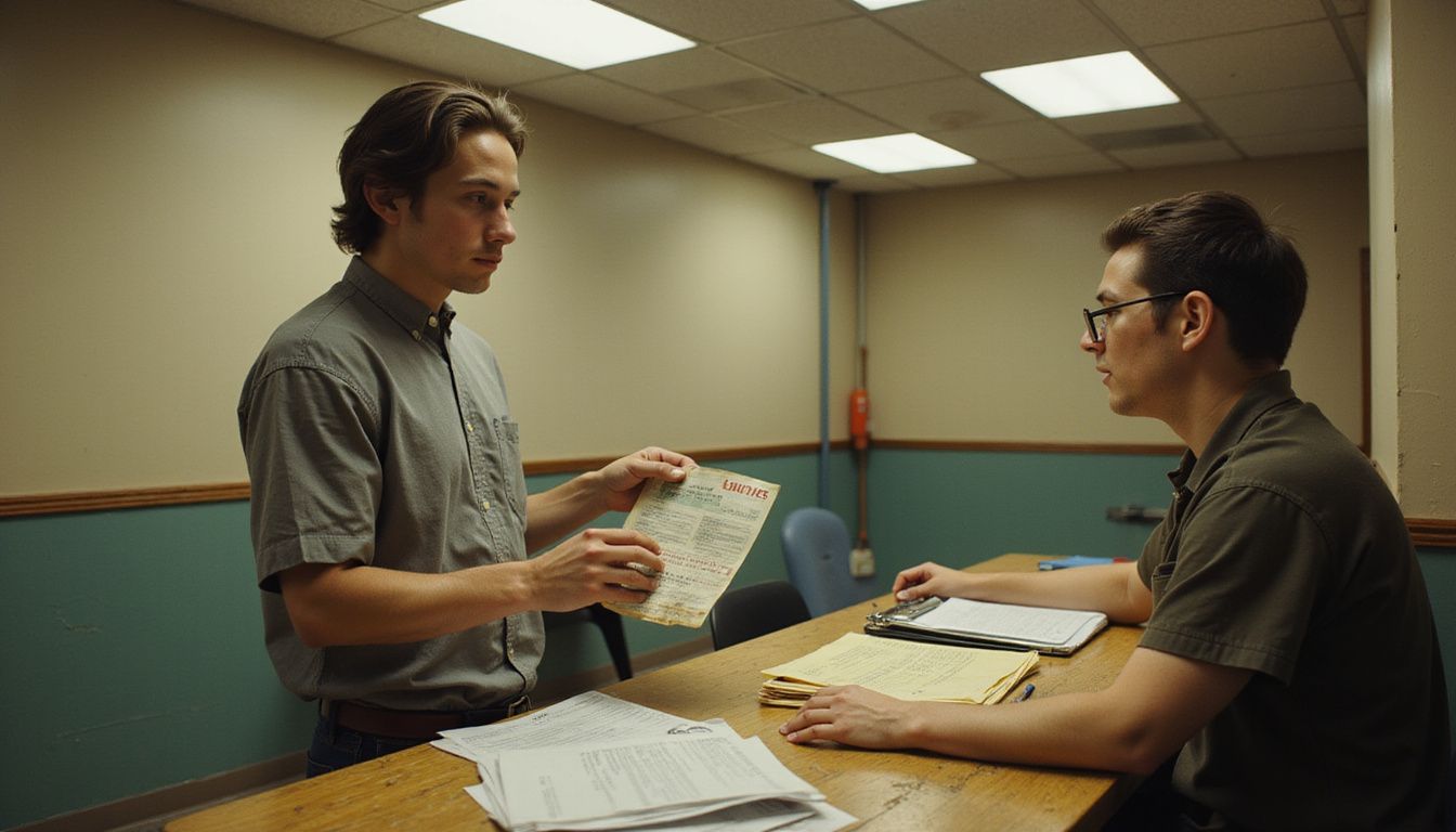A young adult stands at a counter handing documents to a weary shelter staff member amidst a cluttered administrative setting.