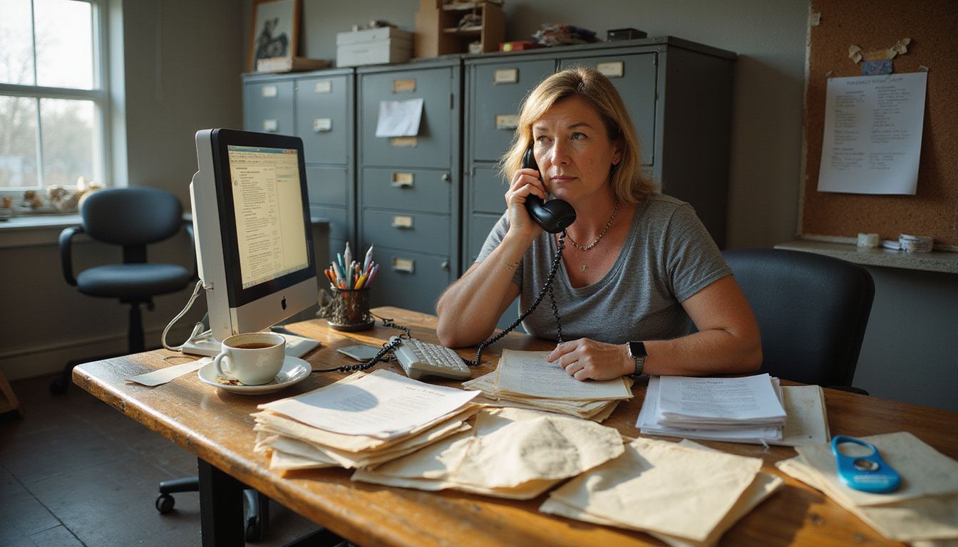 A middle-aged woman is focused on her work at a cluttered animal shelter office desk, handling phone calls and paperwork.