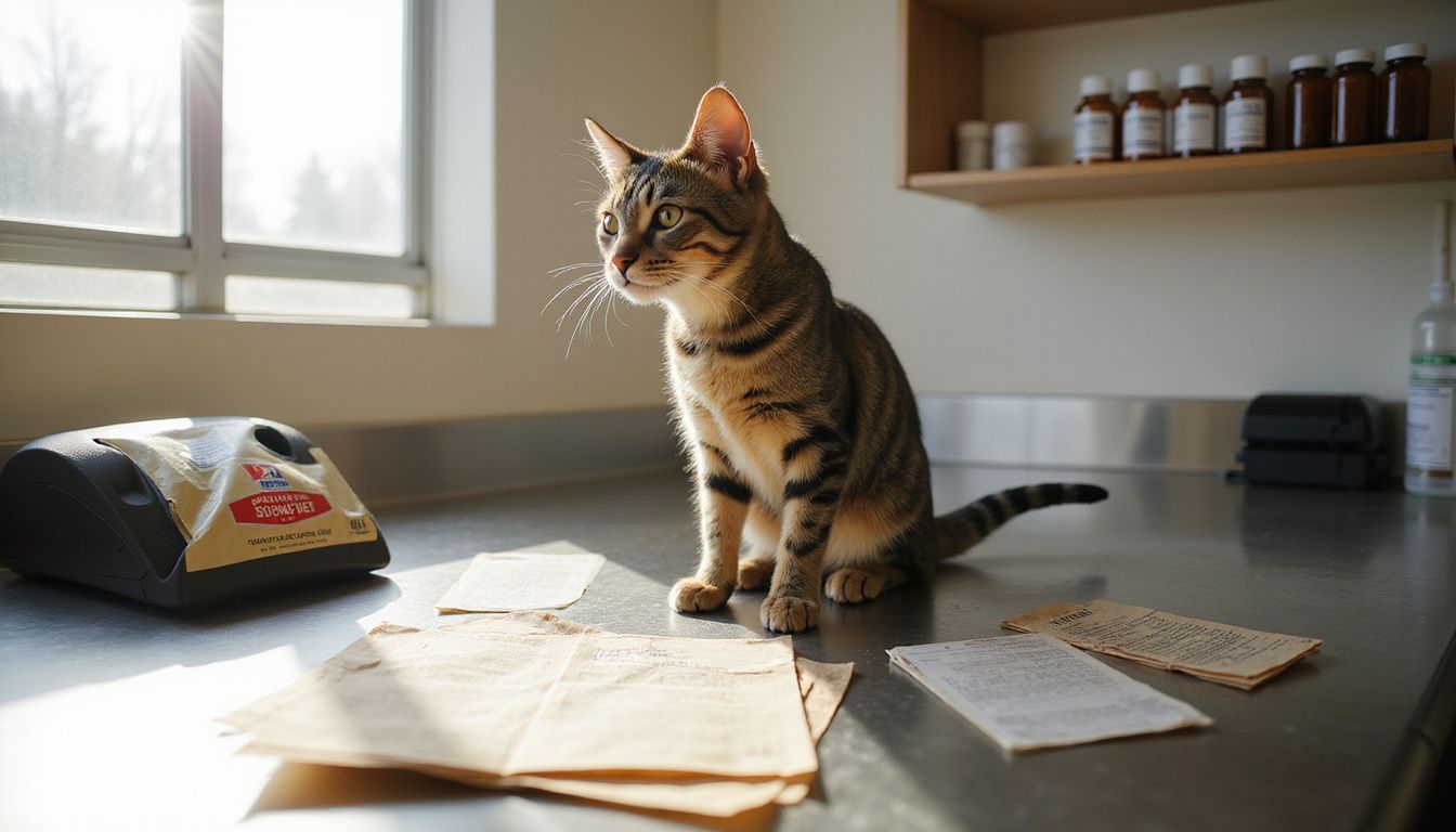 A newly adopted tabby cat sits alert on a stainless steel examination table surrounded by medical materials in a clinic.