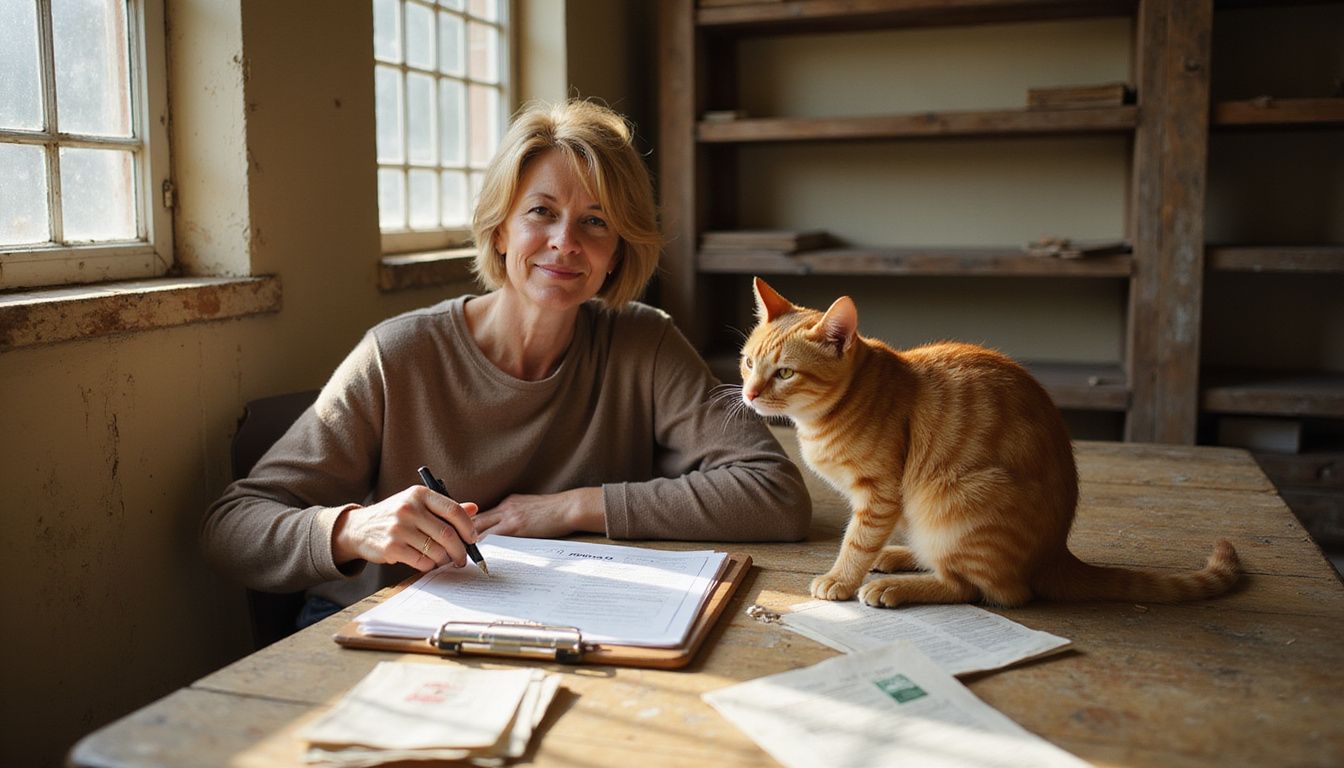 A warm middle-aged woman smiles while reviewing adoption forms at a shelter, accompanied by an inquisitive orange tabby cat.