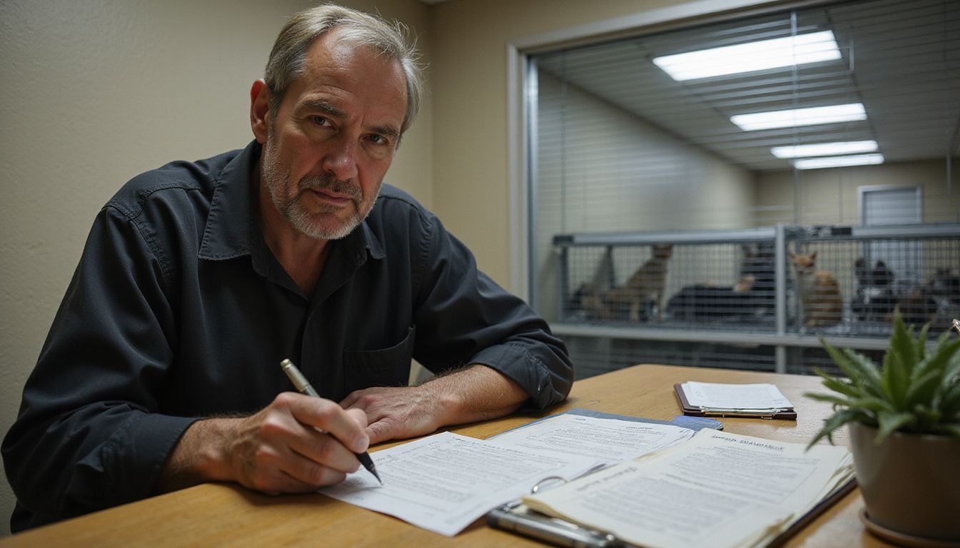 A middle-aged individual reviews an adoption application in a modest animal shelter office, focused and engaged.