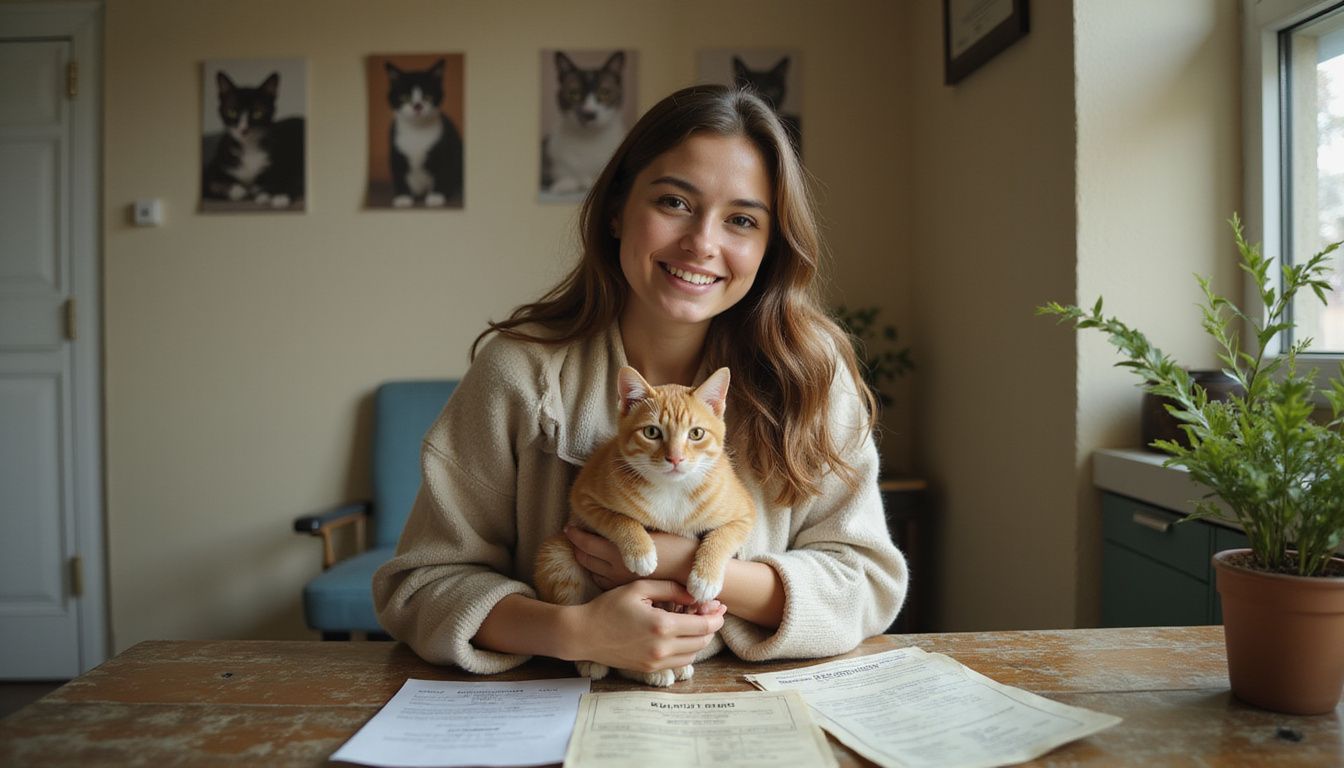 A woman in her twenties happily cradles an orange tabby kitten at a cluttered adoption agency desk.