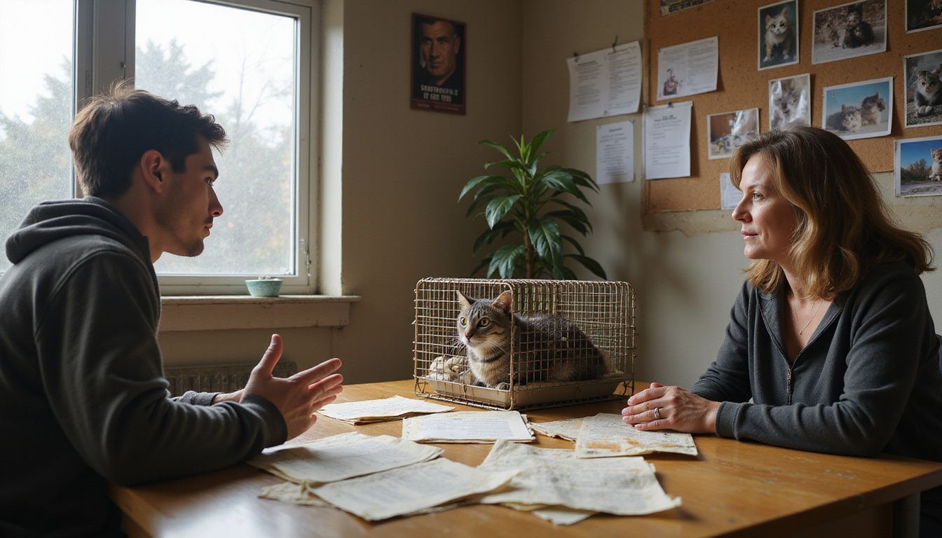 An adoption counselor discusses pet care with a prospective cat owner while a gray tabby waits in a carrier.