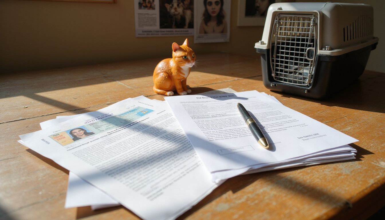 A stack of adoption documents is neatly arranged on a weathered table alongside a cat carrier and a figurine.