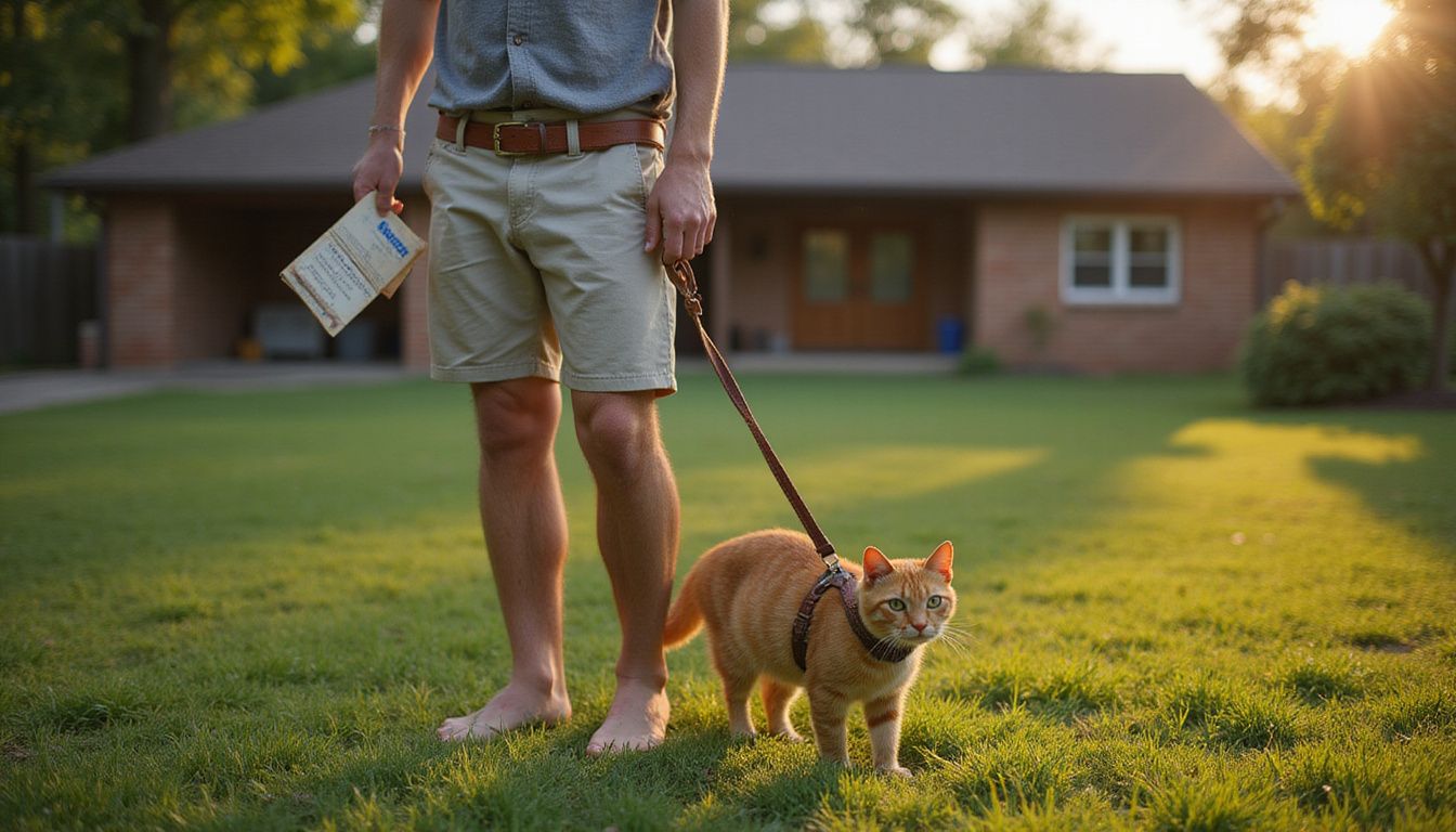 A man in a faded t-shirt holds a red-orange tabby cat on a leash in a suburban yard. A man in a faded t-shirt holds a red-orange tabby cat on a leash in a suburban yard.