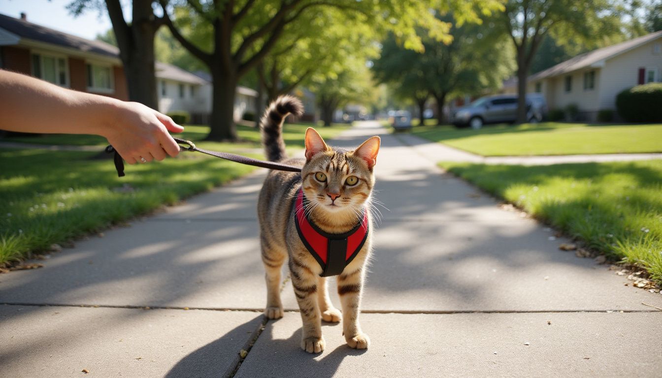 A curious tabby cat in a harness stands on a sidewalk, observing its surroundings with alert focus. A curious tabby cat in a harness stands on a sidewalk, observing its surroundings with alert focus.