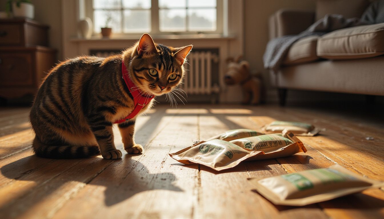A curious tabby cat in a harness investigates scattered grain-free treat pouches on a wooden floor. A curious tabby cat in a harness investigates scattered grain-free treat pouches on a wooden floor.