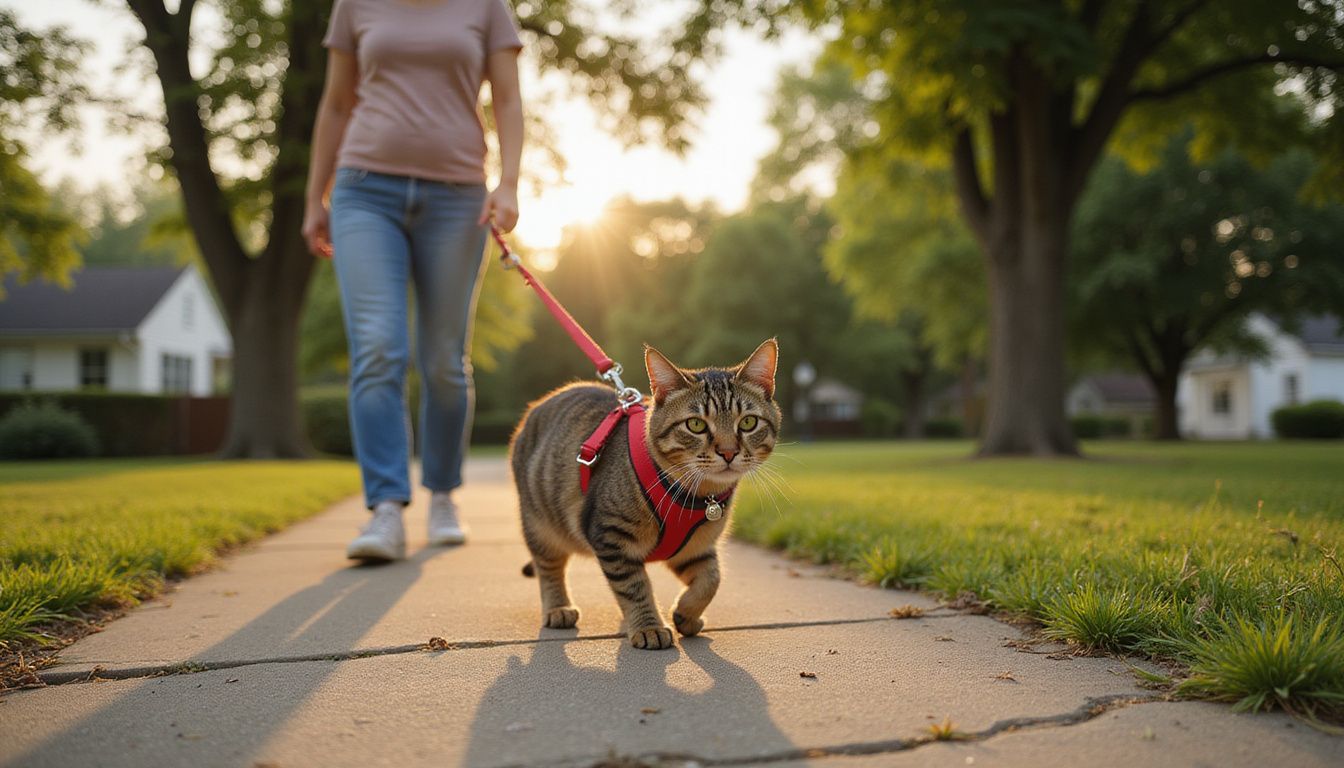 A middle-aged woman walks her attentive tabby cat on a leash through a suburban park during golden hour. A middle-aged woman walks her attentive tabby cat on a leash through a suburban park during golden hour.