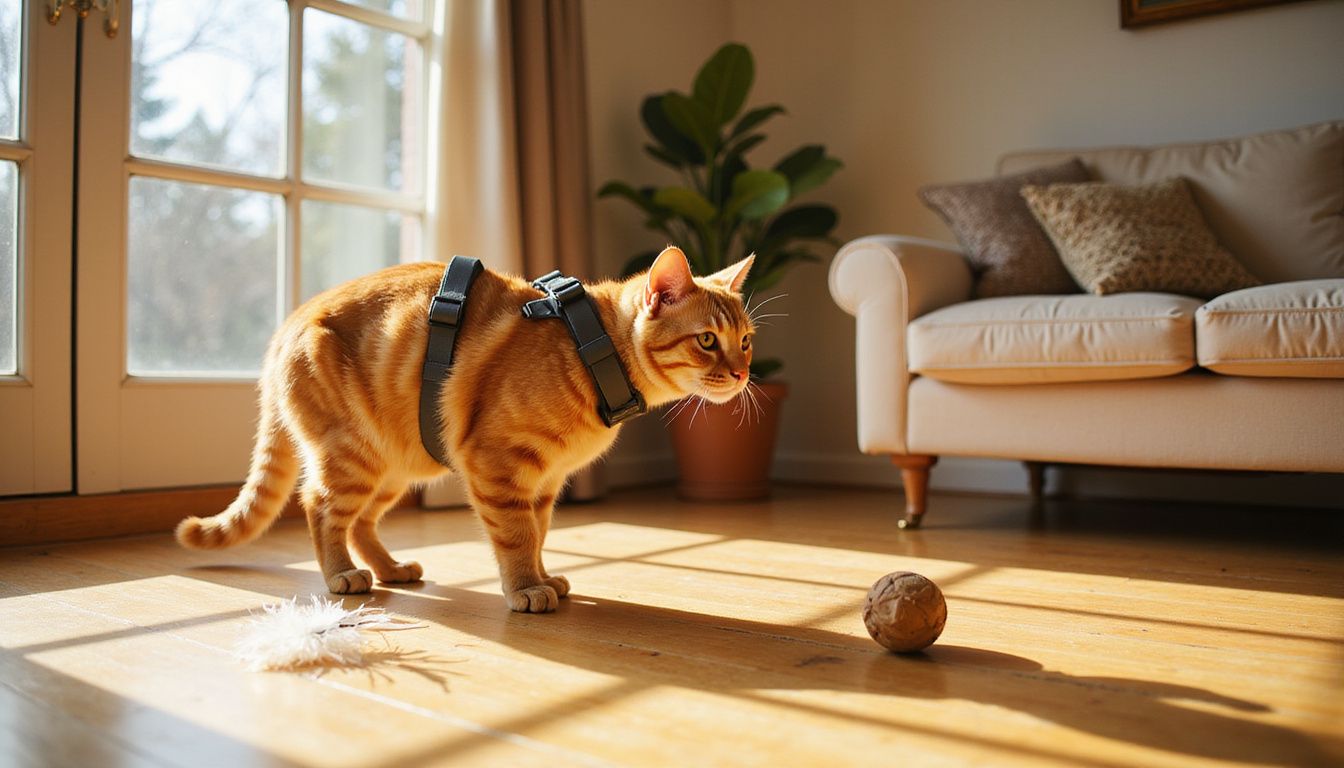 An orange tabby cat in a harness explores a cozy living room filled with toys and warmth. An orange tabby cat in a harness explores a cozy living room filled with toys and warmth.